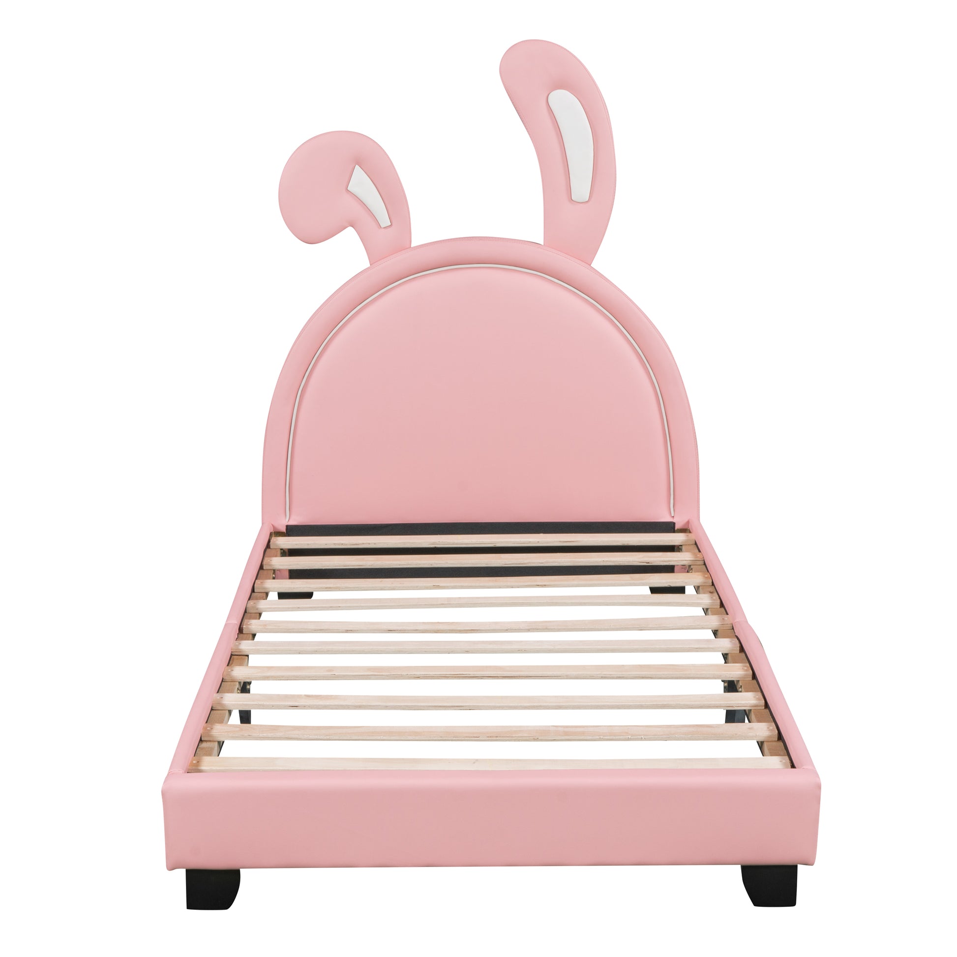 Twin Size Upholstered Leather Platform Bed With Rabbit Ornament, Pink Pink Pu Leather