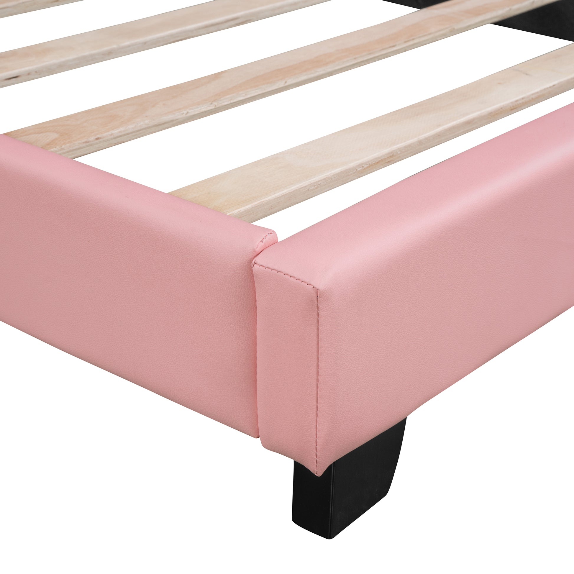 Twin Size Upholstered Leather Platform Bed With Rabbit Ornament, Pink Pink Pu Leather