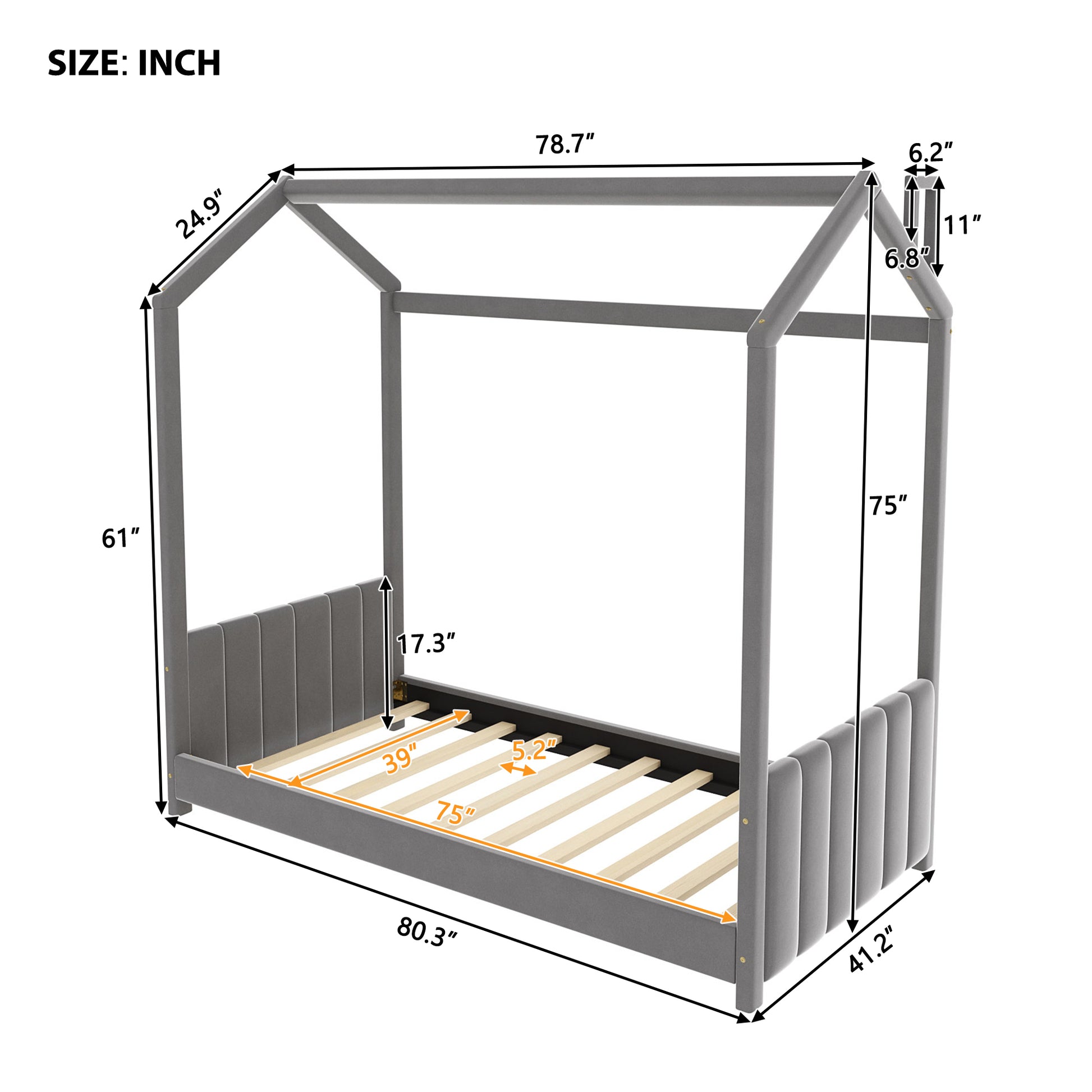 Twin Size Velvet House Bed Wood Bed, Gray Gray Velvet