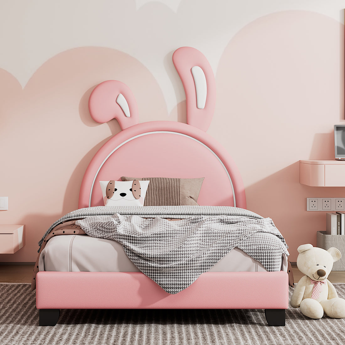 Twin Size Upholstered Leather Platform Bed With Rabbit Ornament, Pink Pink Pu Leather