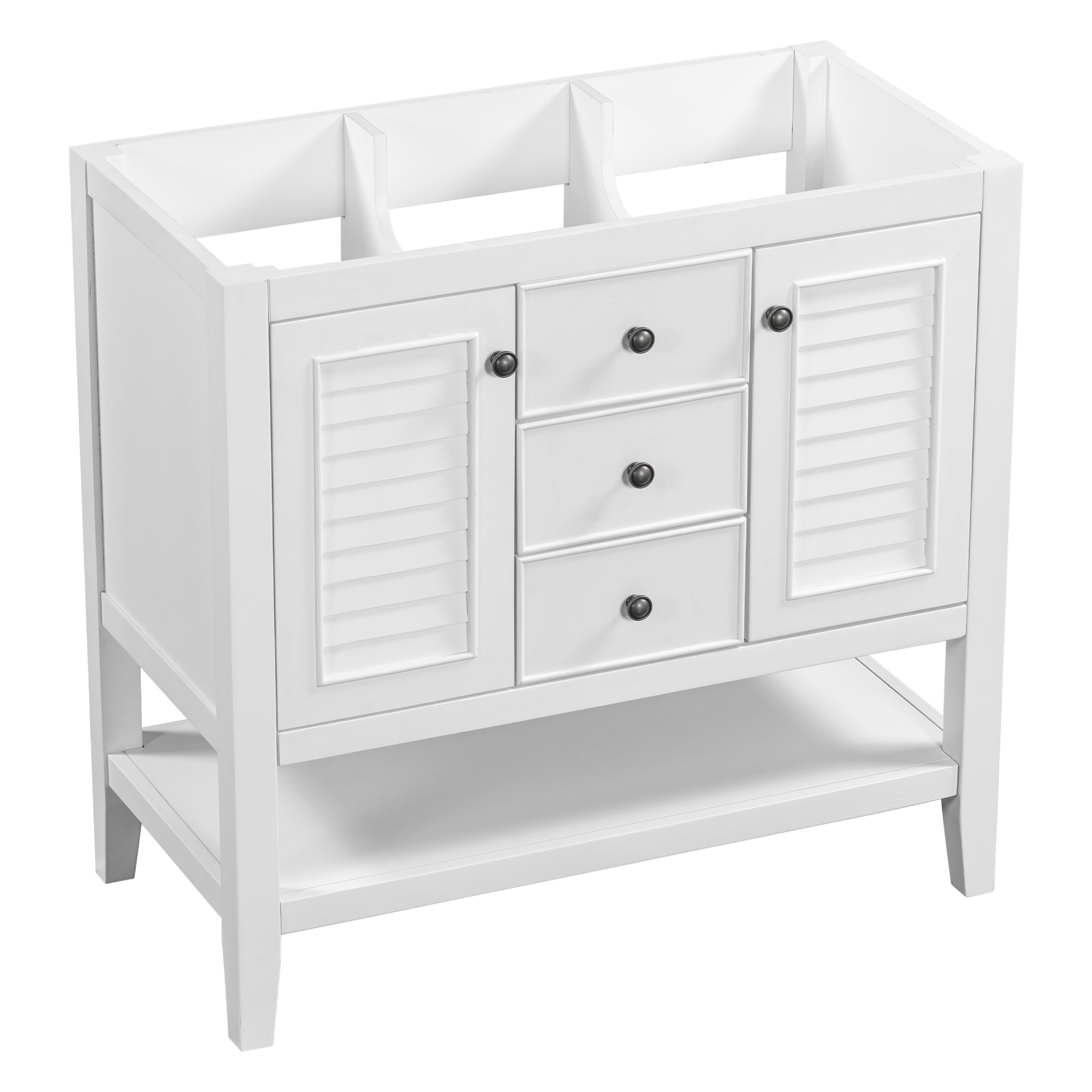 36" Bathroom Vanity Without Sink, Cabinet Base Only, Two Cabinets And Drawers, Open Shelf, Solid Wood Frame, White White Solid Wood Mdf