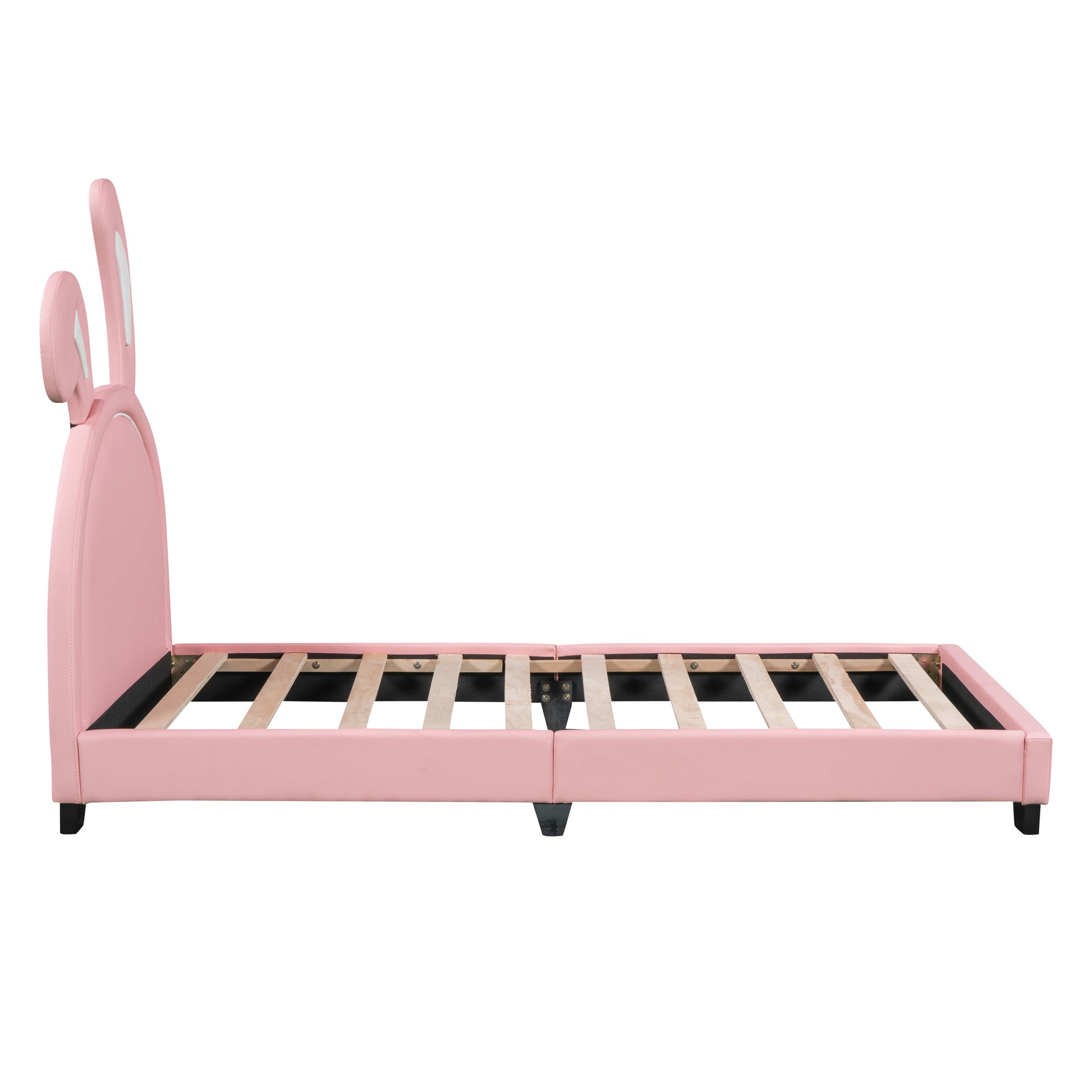 Twin Size Upholstered Leather Platform Bed With Rabbit Ornament, Pink Pink Pu Leather