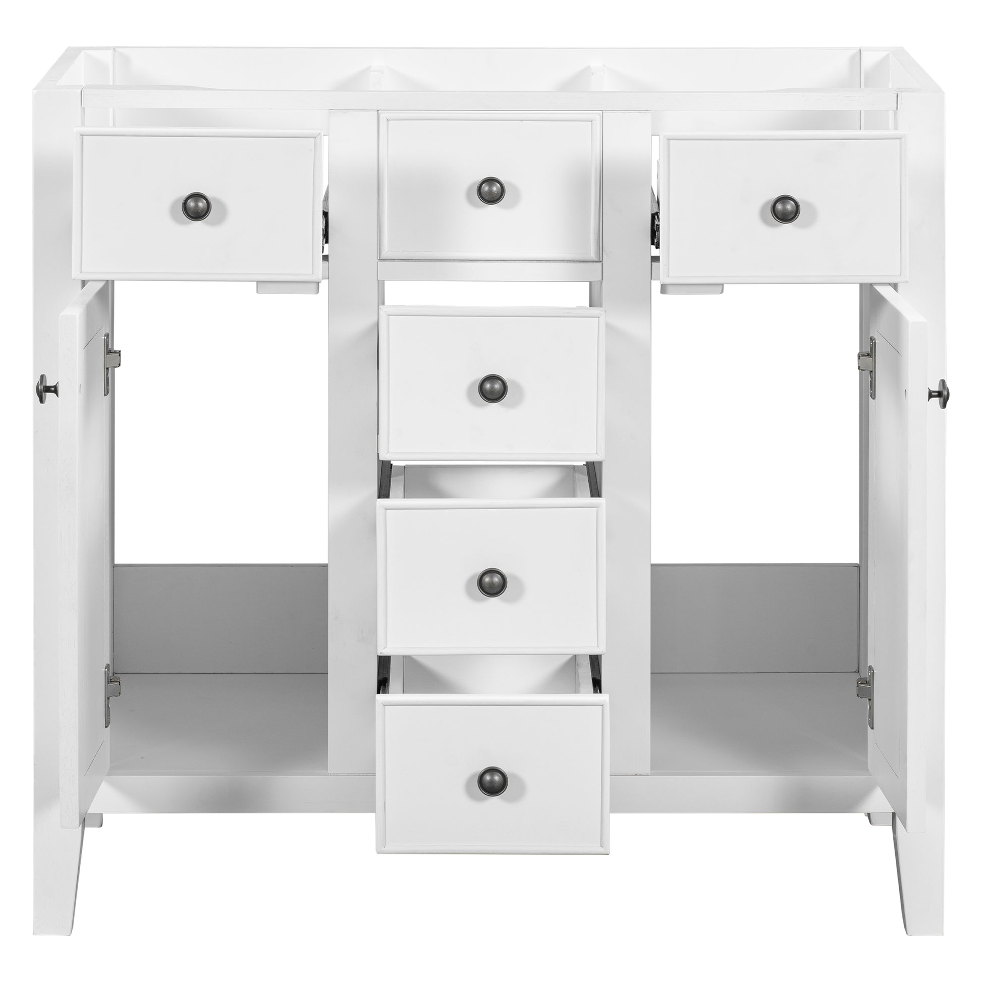 36" Bathroom Vanity Without Sink, Cabinet Base Only, Two Cabinets And Five Drawers, Solid Wood Frame, White White Solid Wood Mdf