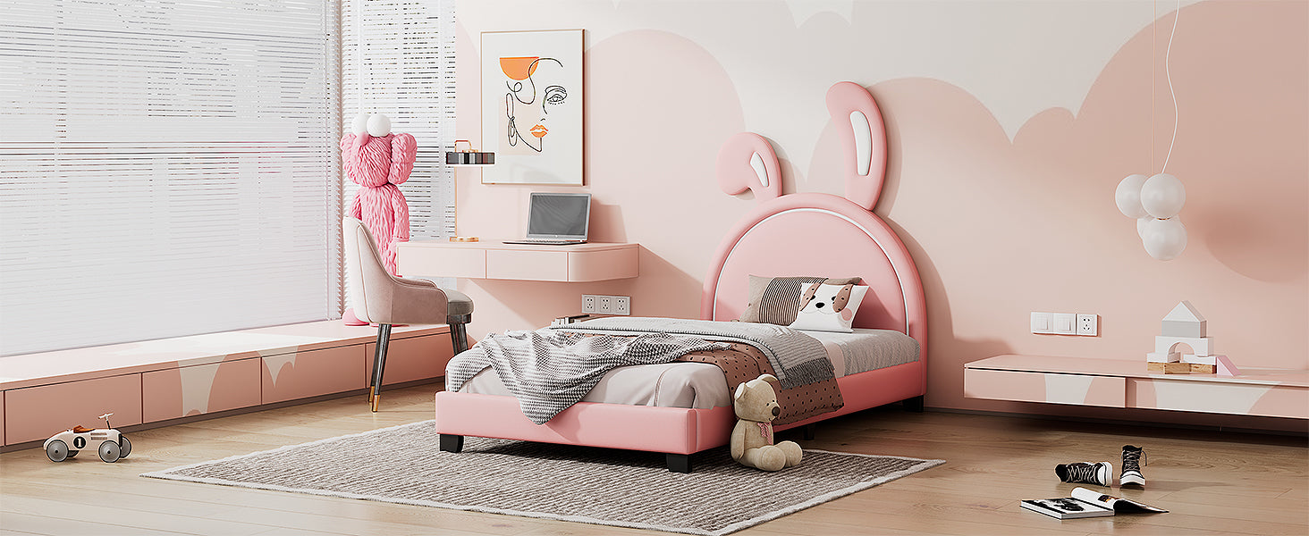 Twin Size Upholstered Leather Platform Bed With Rabbit Ornament, Pink Pink Pu Leather