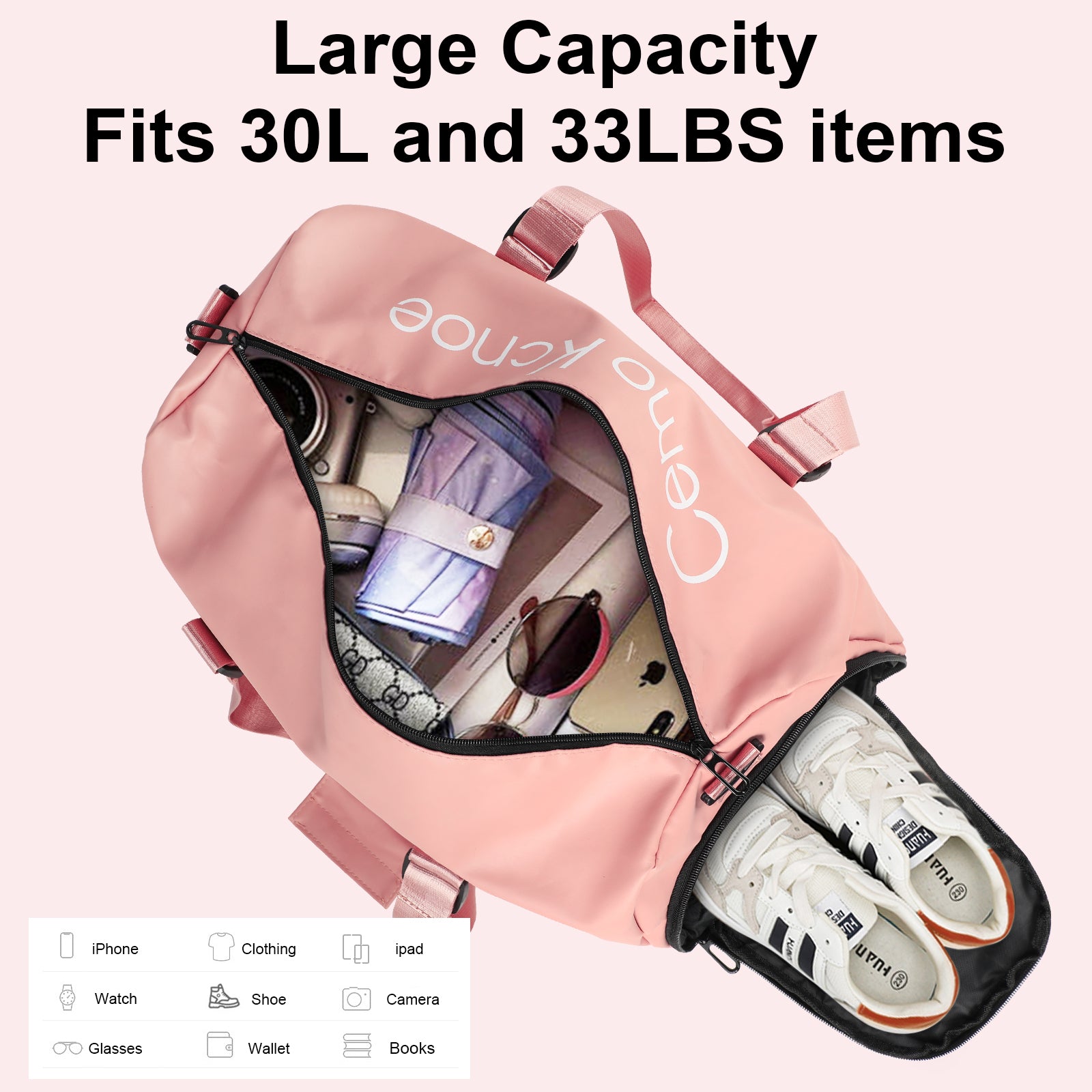 Yssoa Gym Bag For Women And Men, Waterproof Duffel Bag Shoes Compartment, Lightweight Carry Pink Plastic