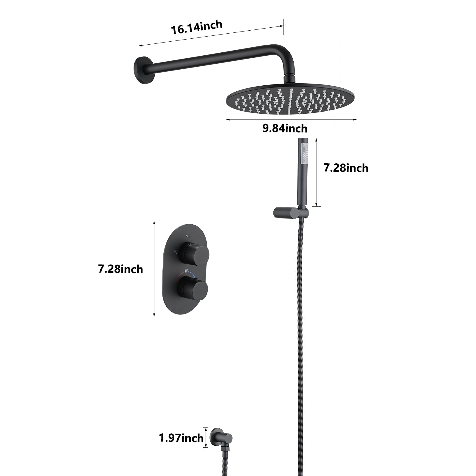 10" Rainfall Shower Head Thermostatic Complete Shower System Matte Black Matte Black Brass