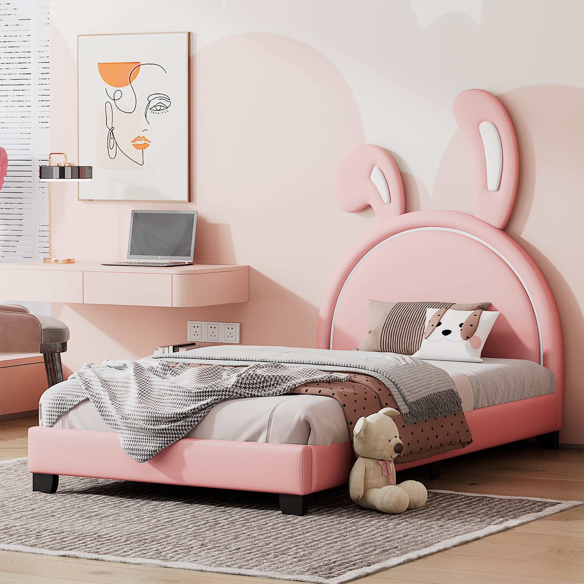 Twin Size Upholstered Leather Platform Bed With Rabbit Ornament, Pink Pink Pu Leather