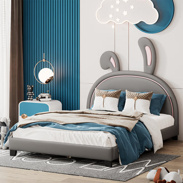 Full Size Upholstered Leather Platform Bed With Rabbit Ornament, Gray Gray Pu Leather