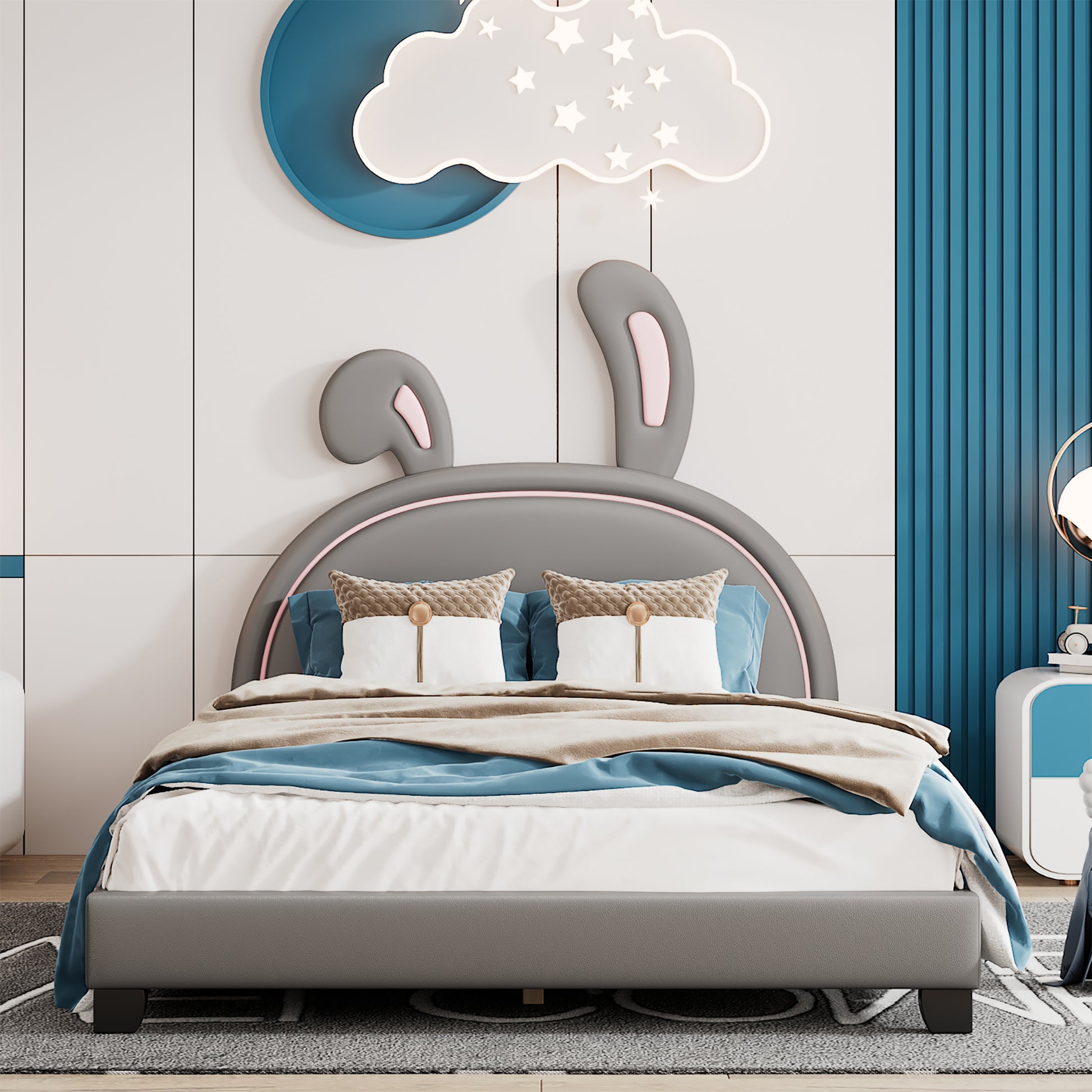 Full Size Upholstered Leather Platform Bed With Rabbit Ornament, Gray Gray Pu Leather