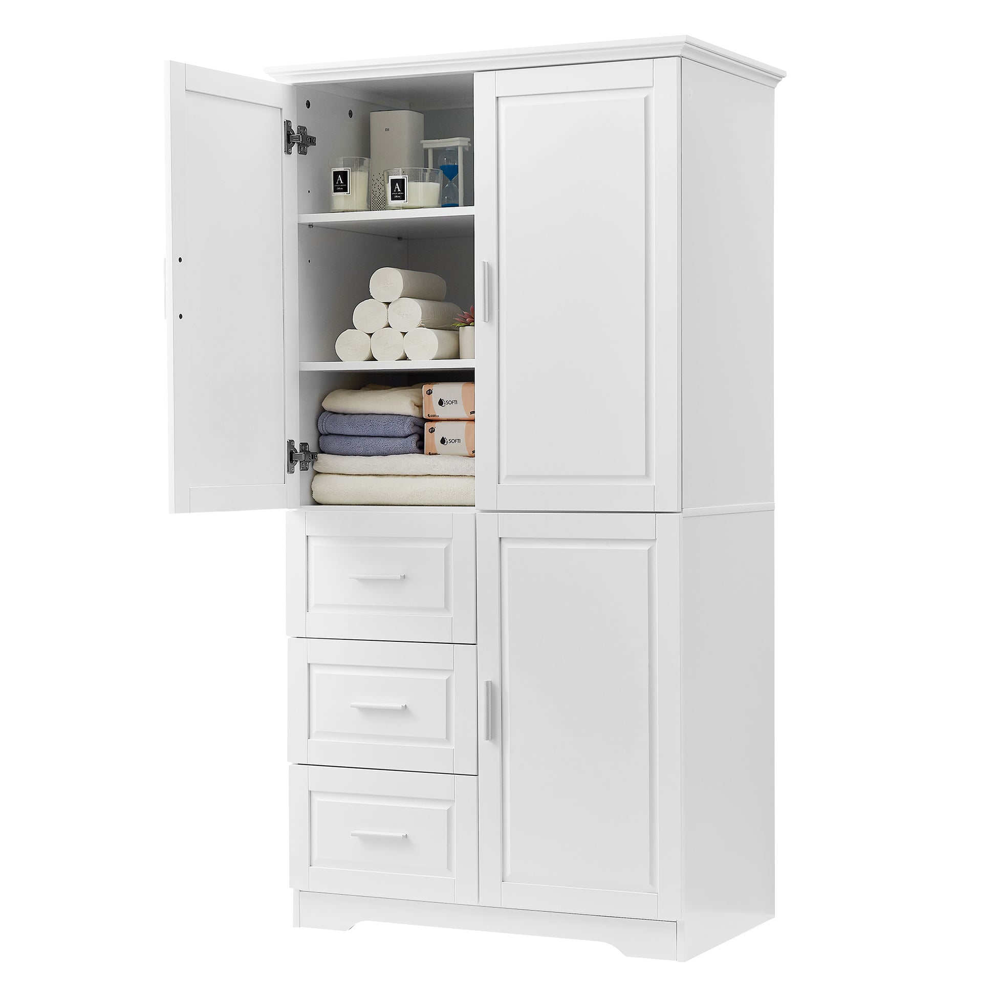 Tall And Wide Storage Cabinet With Doors For Bathroom Office, Three Drawers, White White Mdf