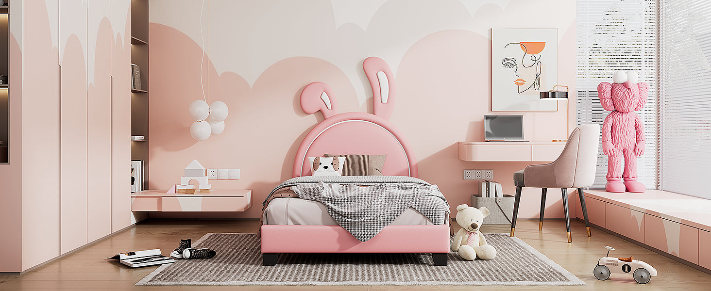 Twin Size Upholstered Leather Platform Bed With Rabbit Ornament, Pink Pink Pu Leather