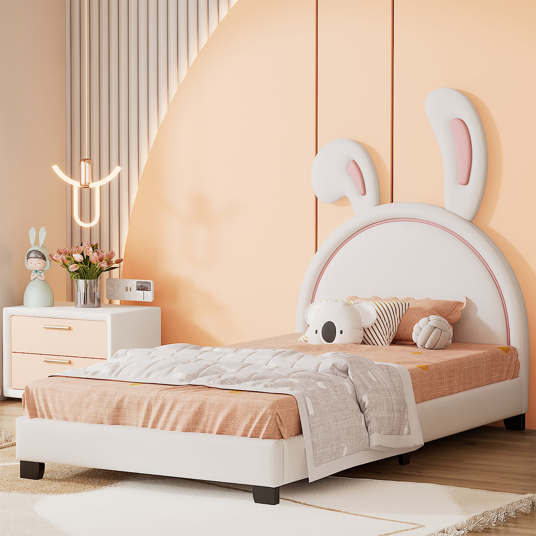 Twin Size Upholstered Leather Platform Bed With Rabbit Ornament, White White Pu Leather