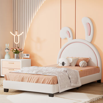 Twin Size Upholstered Leather Platform Bed With Rabbit Ornament, White White Pu Leather