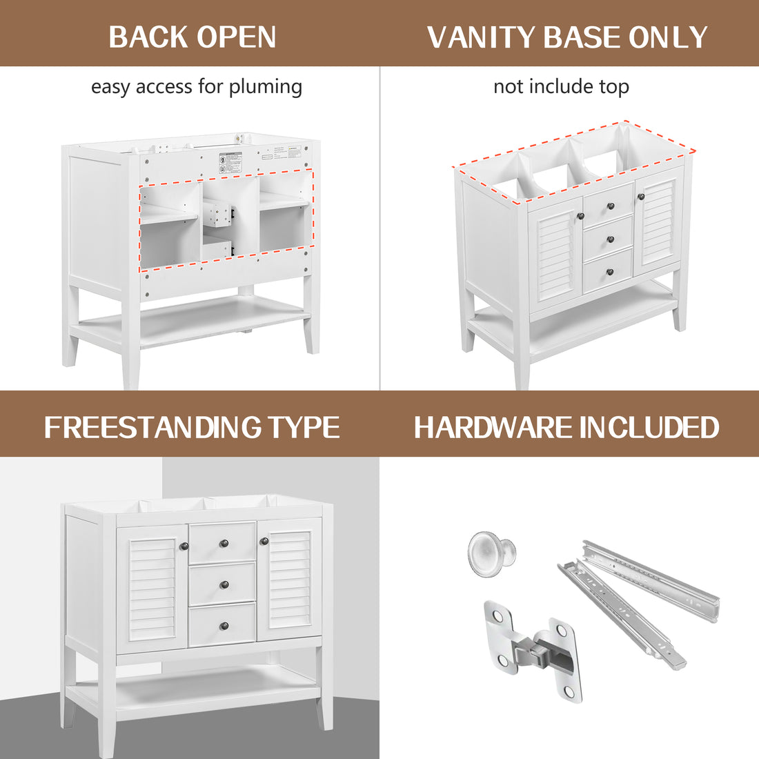 36" Bathroom Vanity Without Sink, Cabinet Base Only, Two Cabinets And Drawers, Open Shelf, Solid Wood Frame, White White Solid Wood Mdf