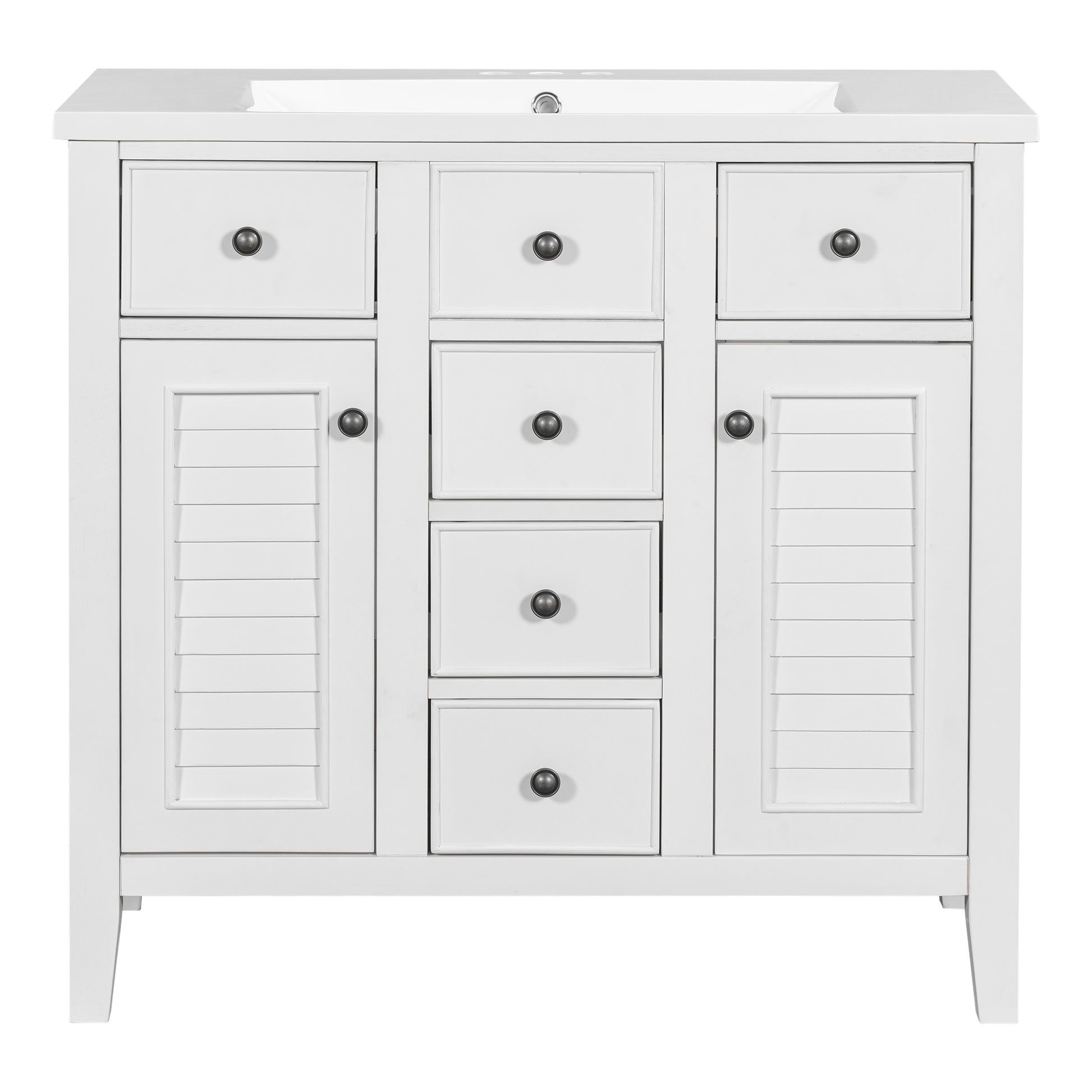 36" Bathroom Vanity With Ceramic Basin, Two Cabinets And Five Drawers, Solid Wood Frame, White Old Sku: Sy999202Aak 1 White Solid Wood Mdf