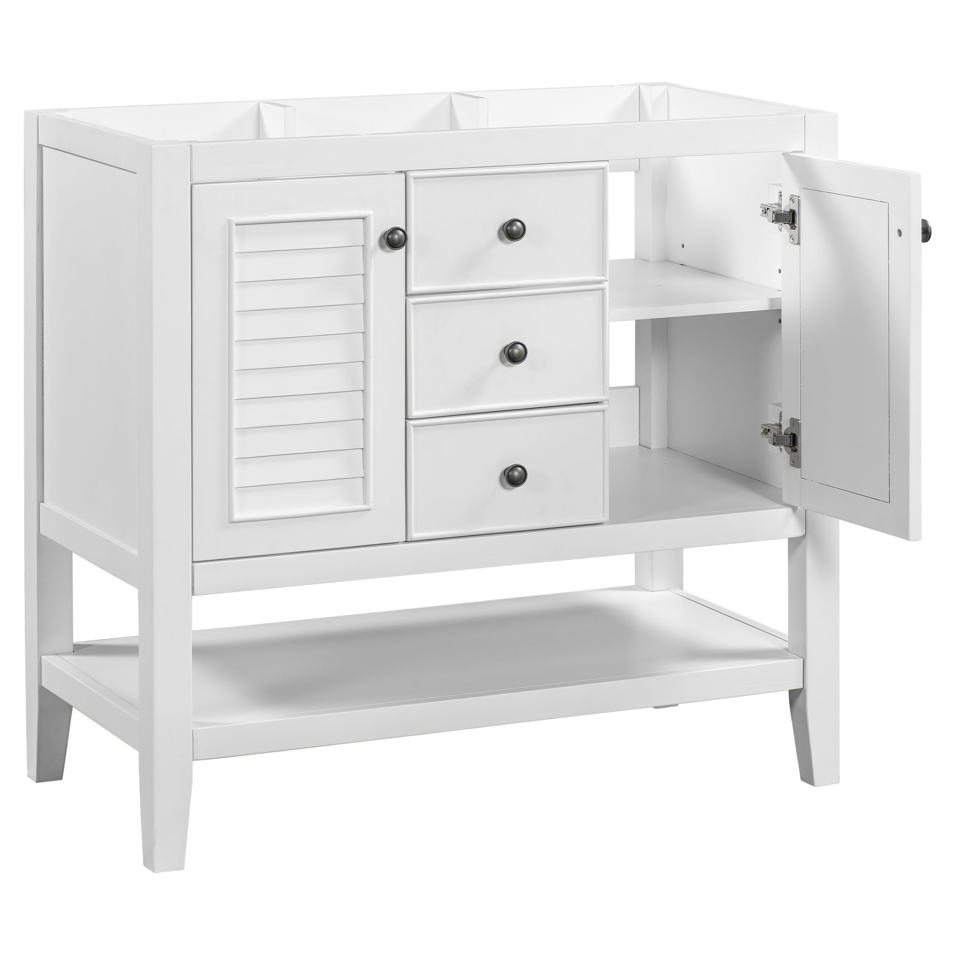 36" Bathroom Vanity Without Sink, Cabinet Base Only, Two Cabinets And Drawers, Open Shelf, Solid Wood Frame, White White Solid Wood Mdf