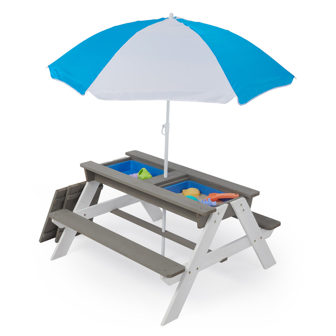 3 In 1 Kids Outdoor Wooden Picnic Table With Umbrella, Convertible Sand & Wate, Gray Astm & Cpsia Certification Gray Solid Wood