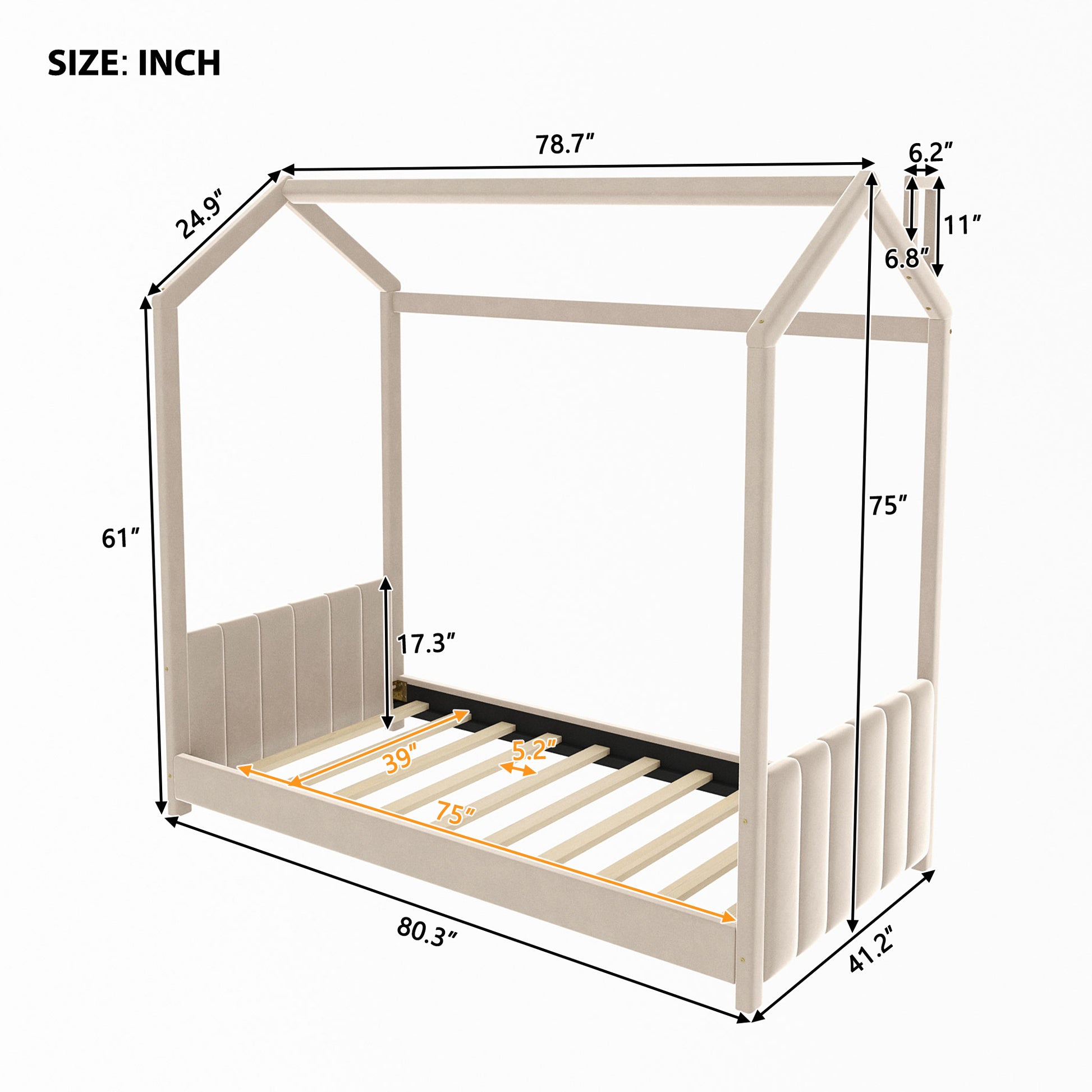 Twin Size Velvet House Bed Wood Bed, Beige Beige Velvet