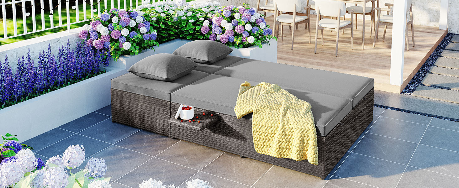 Outdoor Double Sunbed, Wicker Rattan Patio Reclining Chairs With Adjustable Backrest And Seat, Conversational Set For 2 Person, Gray Yes Complete Patio Set Gray Water Resistant Frame Water Resistant Cushion Garden & Outdoor Casual Sofa Seating Groups