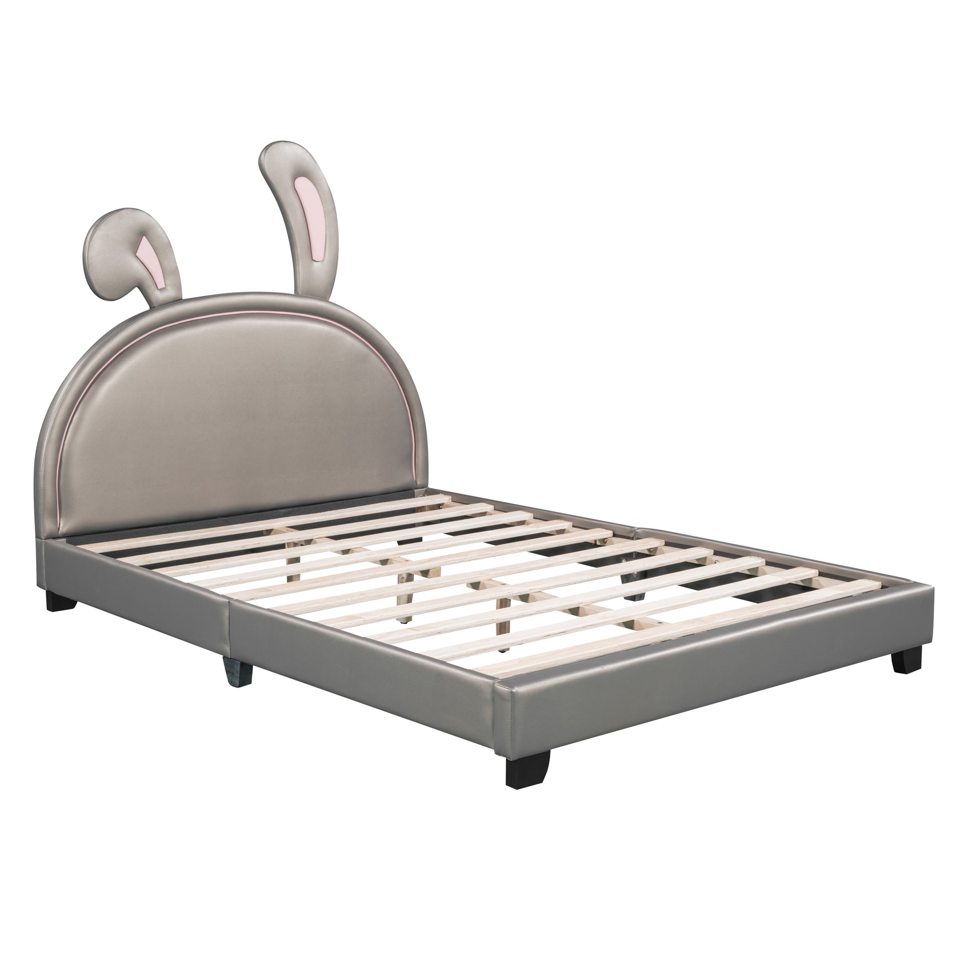 Full Size Upholstered Leather Platform Bed With Rabbit Ornament, Gray Gray Pu Leather