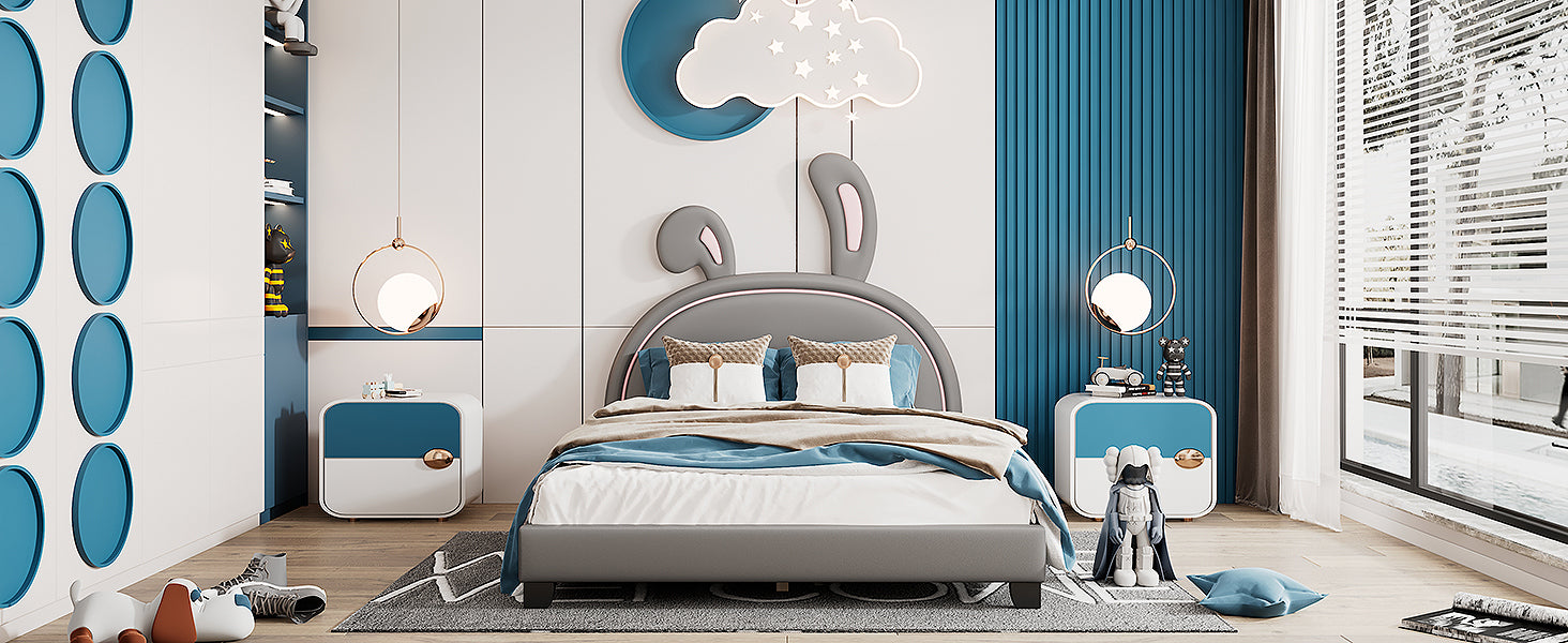 Full Size Upholstered Leather Platform Bed With Rabbit Ornament, Gray Gray Pu Leather