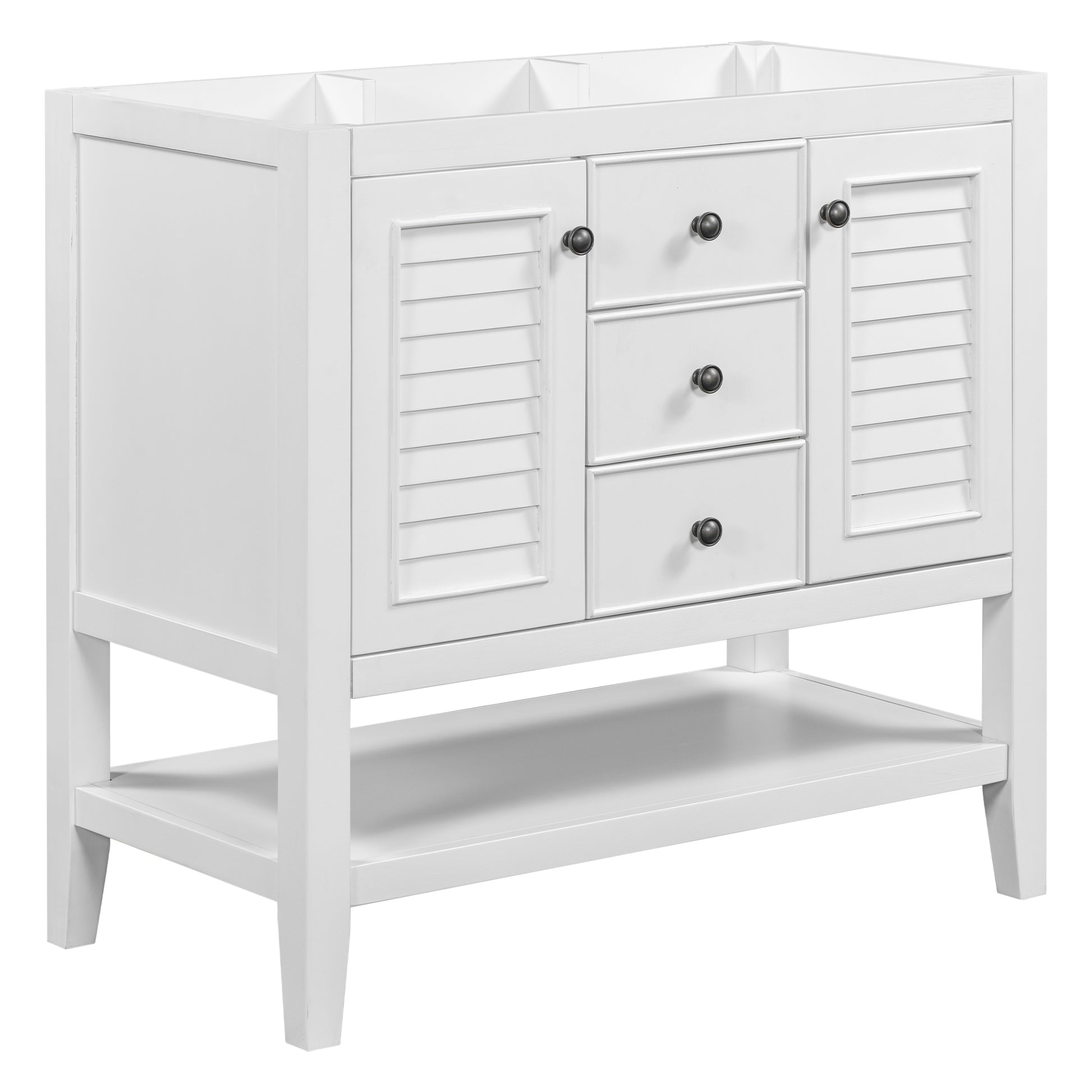 36" Bathroom Vanity Without Sink, Cabinet Base Only, Two Cabinets And Drawers, Open Shelf, Solid Wood Frame, White White Solid Wood Mdf