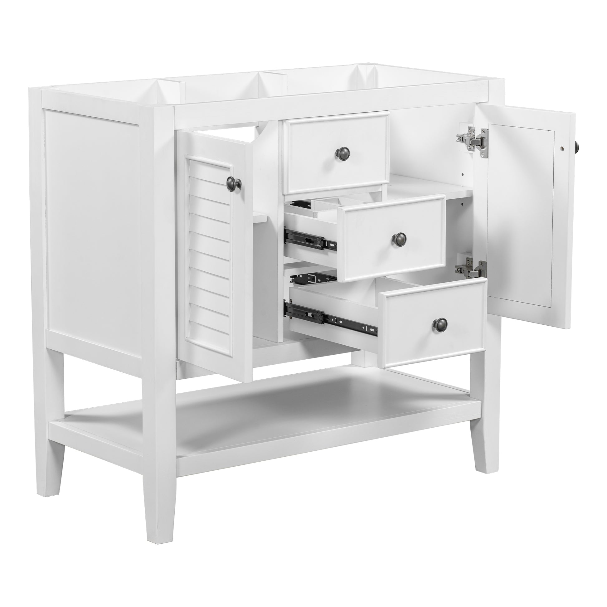 36" Bathroom Vanity Without Sink, Cabinet Base Only, Two Cabinets And Drawers, Open Shelf, Solid Wood Frame, White White Solid Wood Mdf