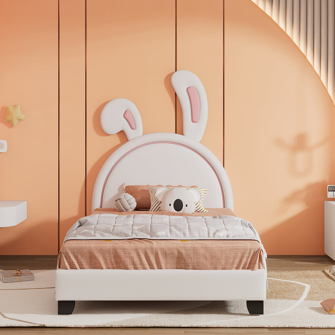 Twin Size Upholstered Leather Platform Bed With Rabbit Ornament, White White Pu Leather