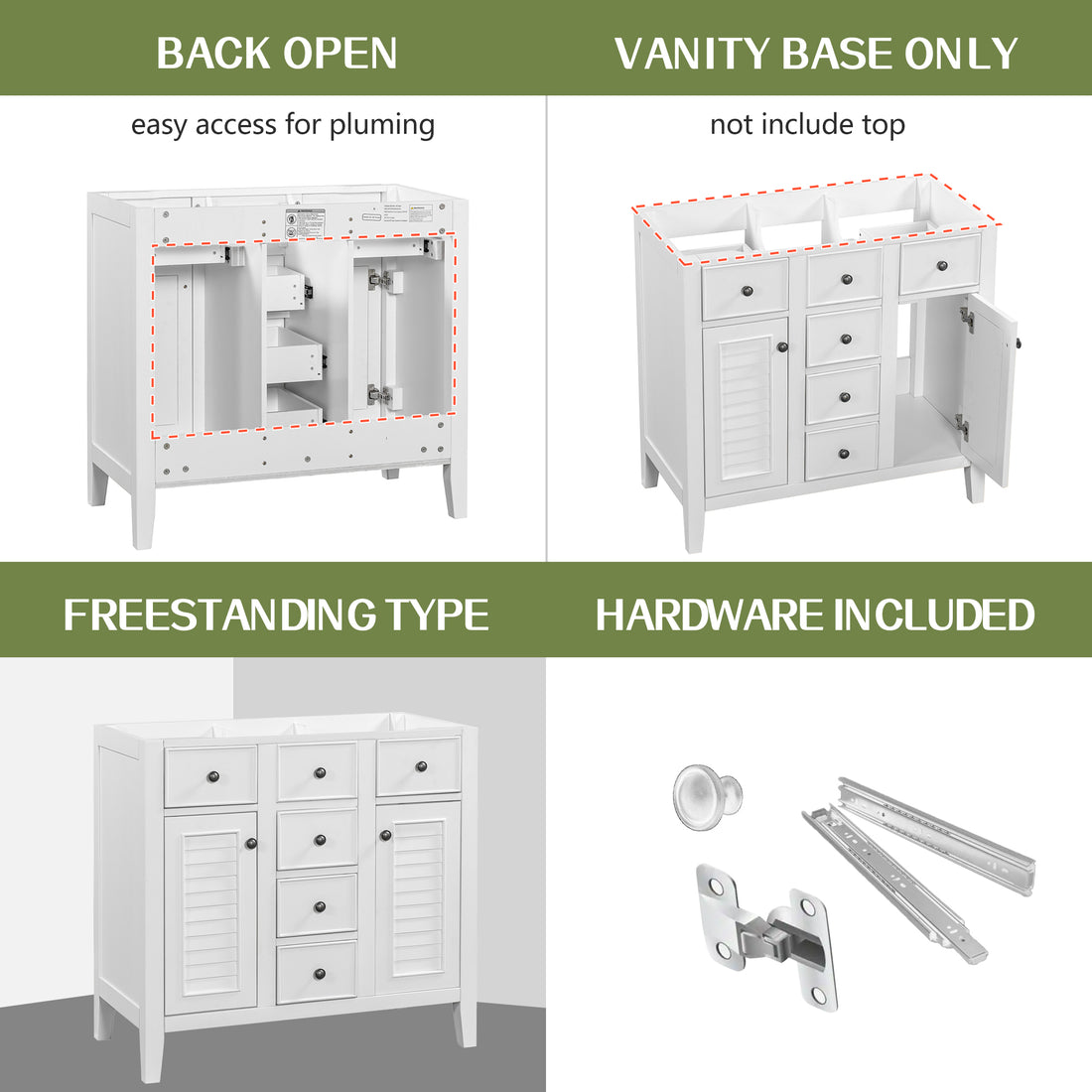 36" Bathroom Vanity Without Sink, Cabinet Base Only, Two Cabinets And Five Drawers, Solid Wood Frame, White White Solid Wood Mdf