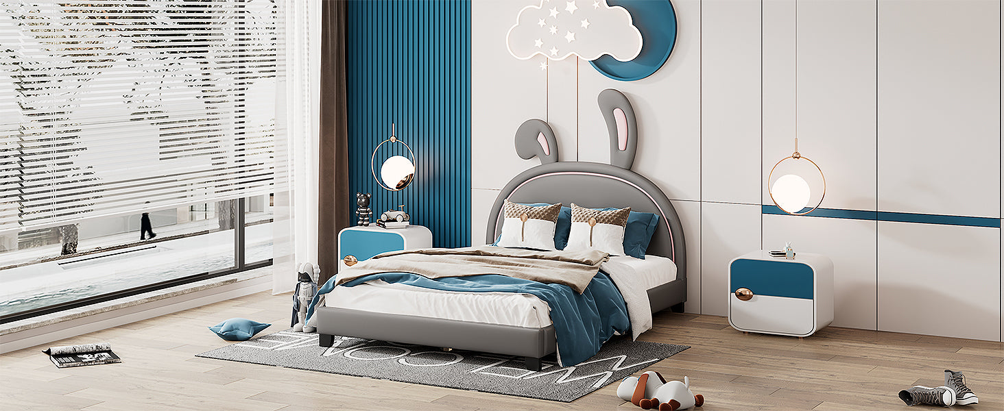 Full Size Upholstered Leather Platform Bed With Rabbit Ornament, Gray Gray Pu Leather