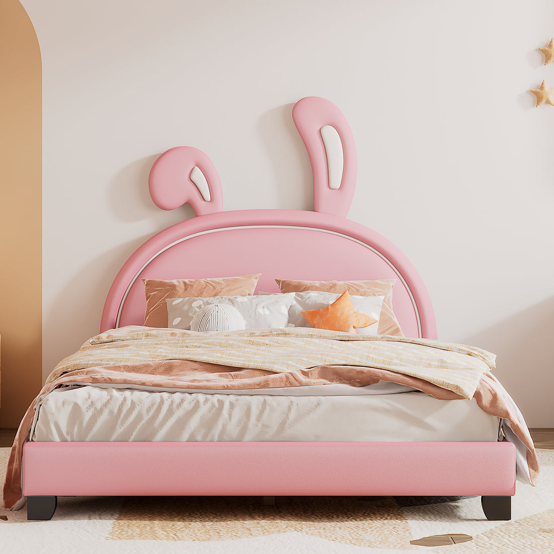 Full Size Upholstered Leather Platform Bed With Rabbit Ornament, Pink Pink Pu Leather