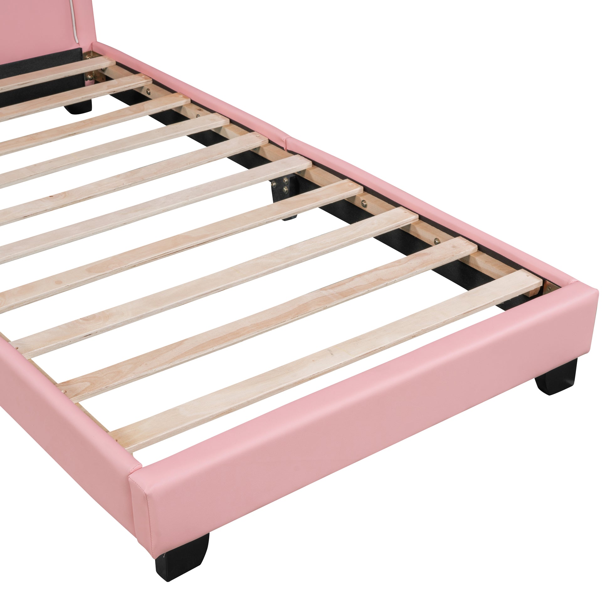 Twin Size Upholstered Leather Platform Bed With Rabbit Ornament, Pink Pink Pu Leather