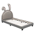 Twin Size Upholstered Leather Platform Bed With Rabbit Ornament, Gray Gray Pu Leather