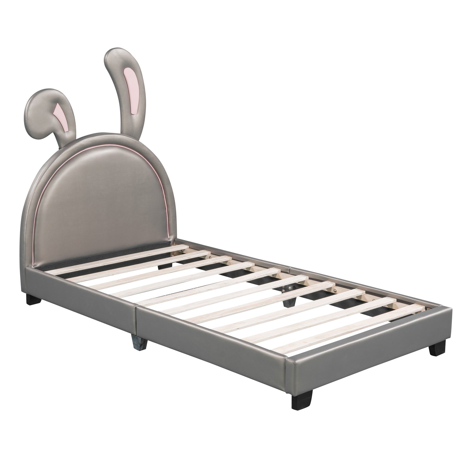 Twin Size Upholstered Leather Platform Bed With Rabbit Ornament, Gray Gray Pu Leather