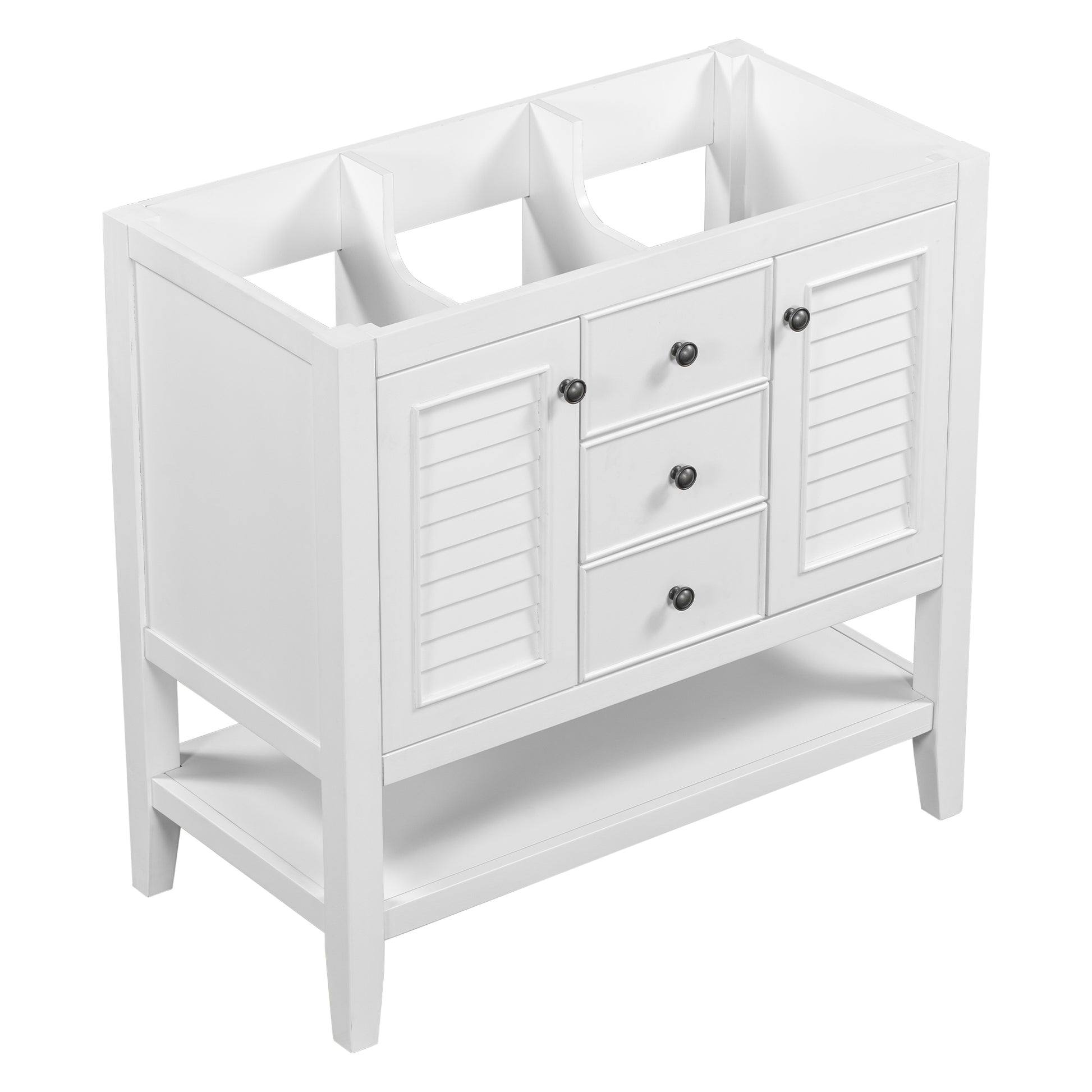 36" Bathroom Vanity Without Sink, Cabinet Base Only, Two Cabinets And Drawers, Open Shelf, Solid Wood Frame, White White Solid Wood Mdf