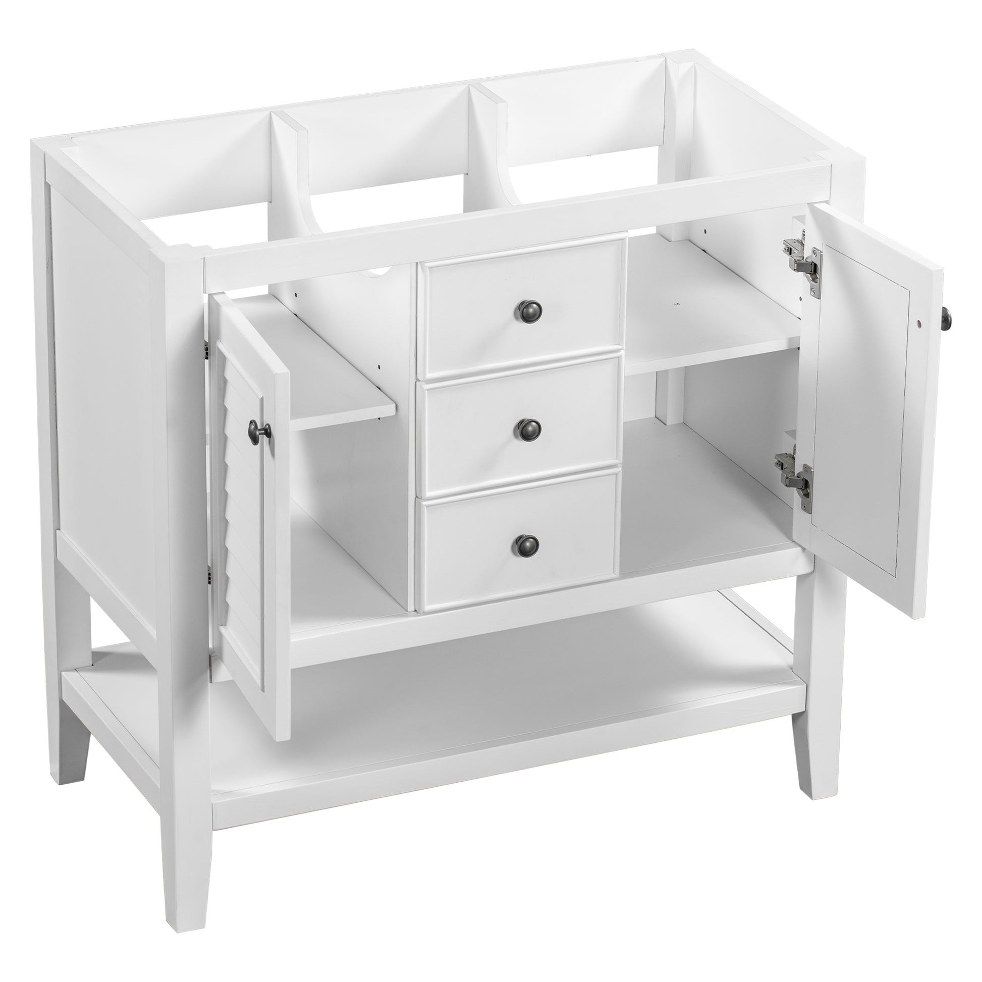 36" Bathroom Vanity Without Sink, Cabinet Base Only, Two Cabinets And Drawers, Open Shelf, Solid Wood Frame, White White Solid Wood Mdf