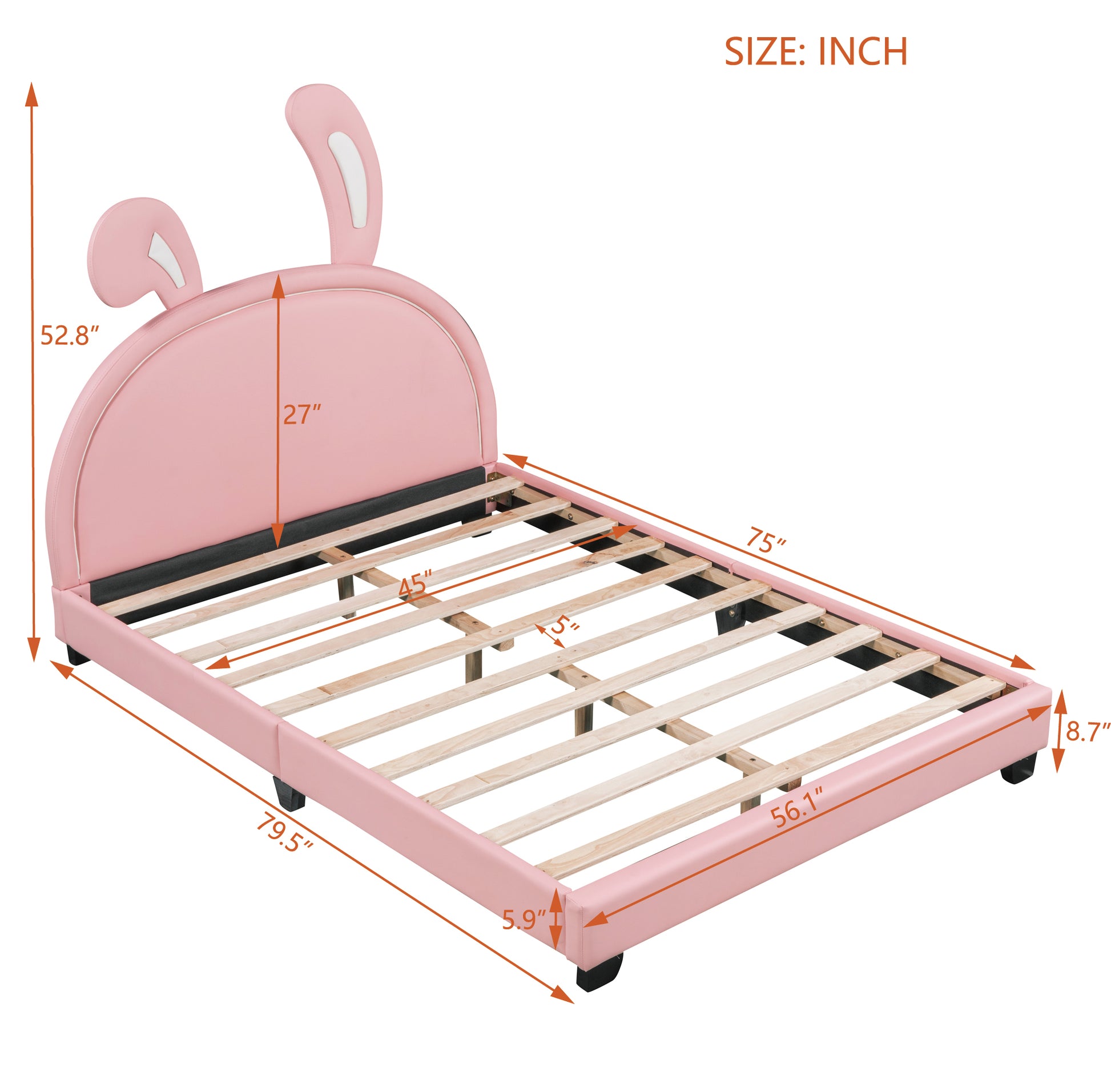 Full Size Upholstered Leather Platform Bed With Rabbit Ornament, Pink Pink Pu Leather