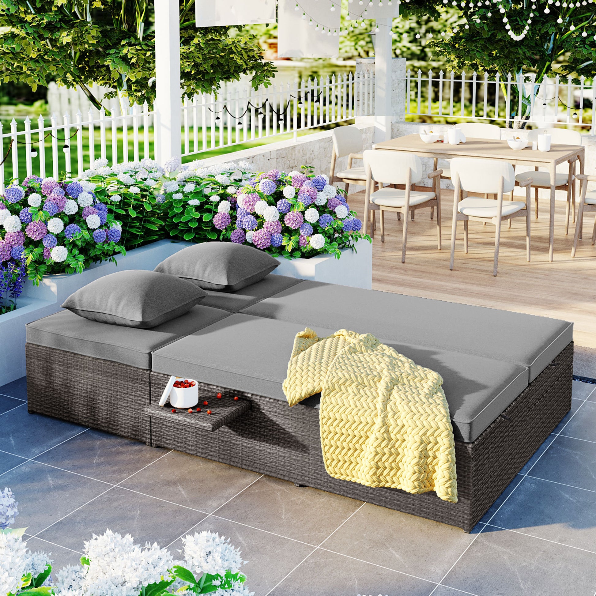 Outdoor Double Sunbed, Wicker Rattan Patio Reclining Chairs With Adjustable Backrest And Seat, Conversational Set For 2 Person, Gray Yes Complete Patio Set Gray Water Resistant Frame Water Resistant Cushion Garden & Outdoor Casual Sofa Seating Groups