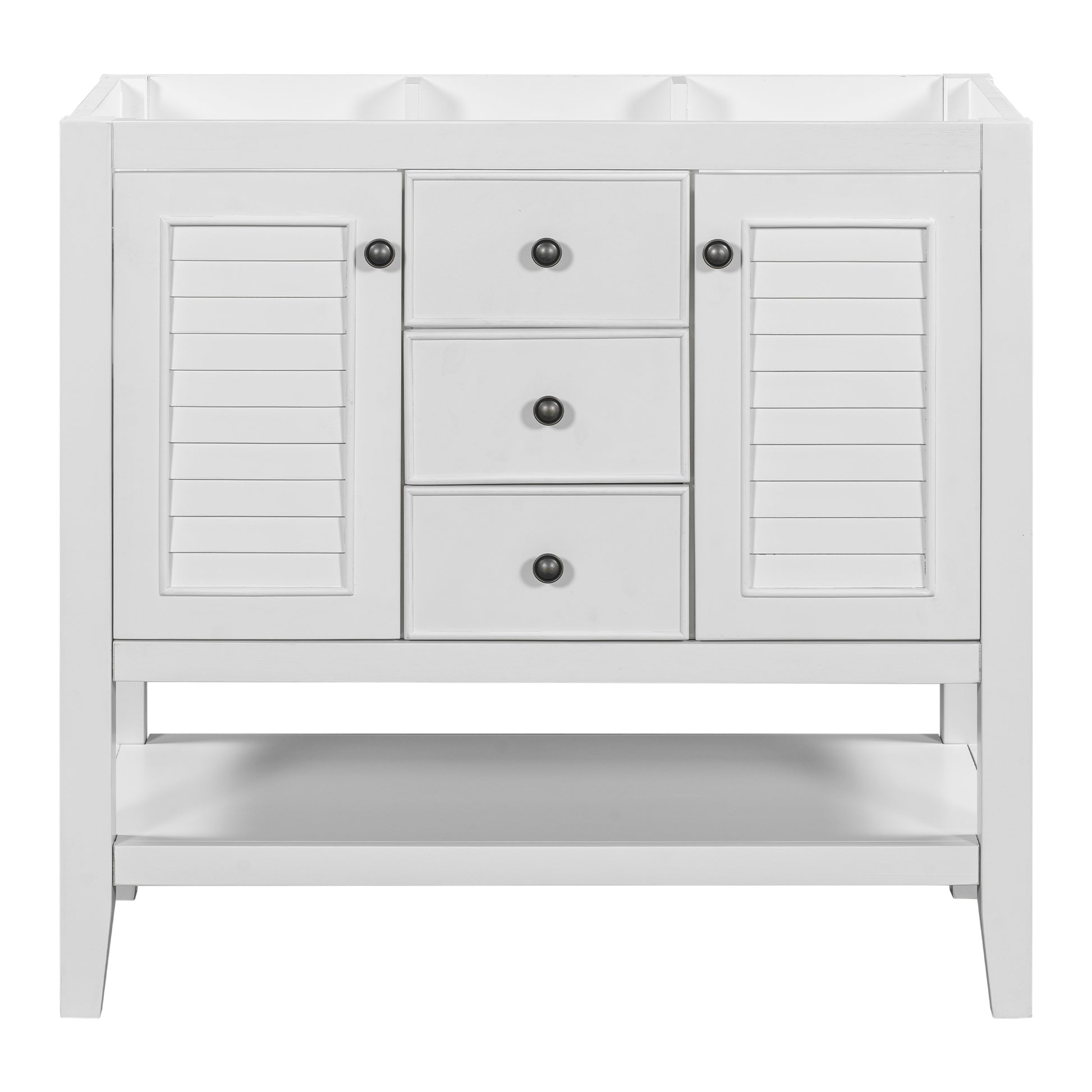 36" Bathroom Vanity Without Sink, Cabinet Base Only, Two Cabinets And Drawers, Open Shelf, Solid Wood Frame, White White Solid Wood Mdf