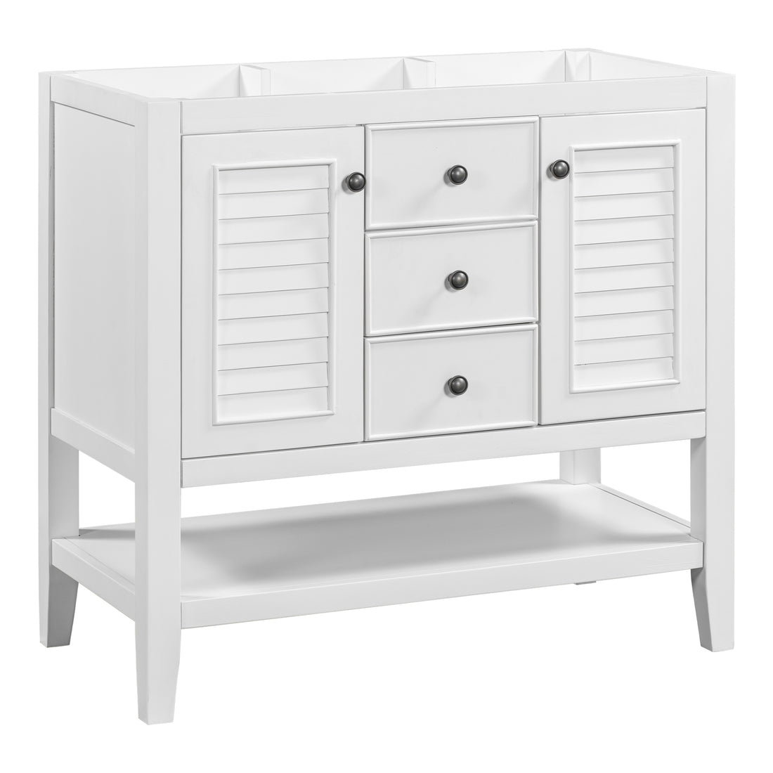 36" Bathroom Vanity Without Sink, Cabinet Base Only, Two Cabinets And Drawers, Open Shelf, Solid Wood Frame, White White Solid Wood Mdf