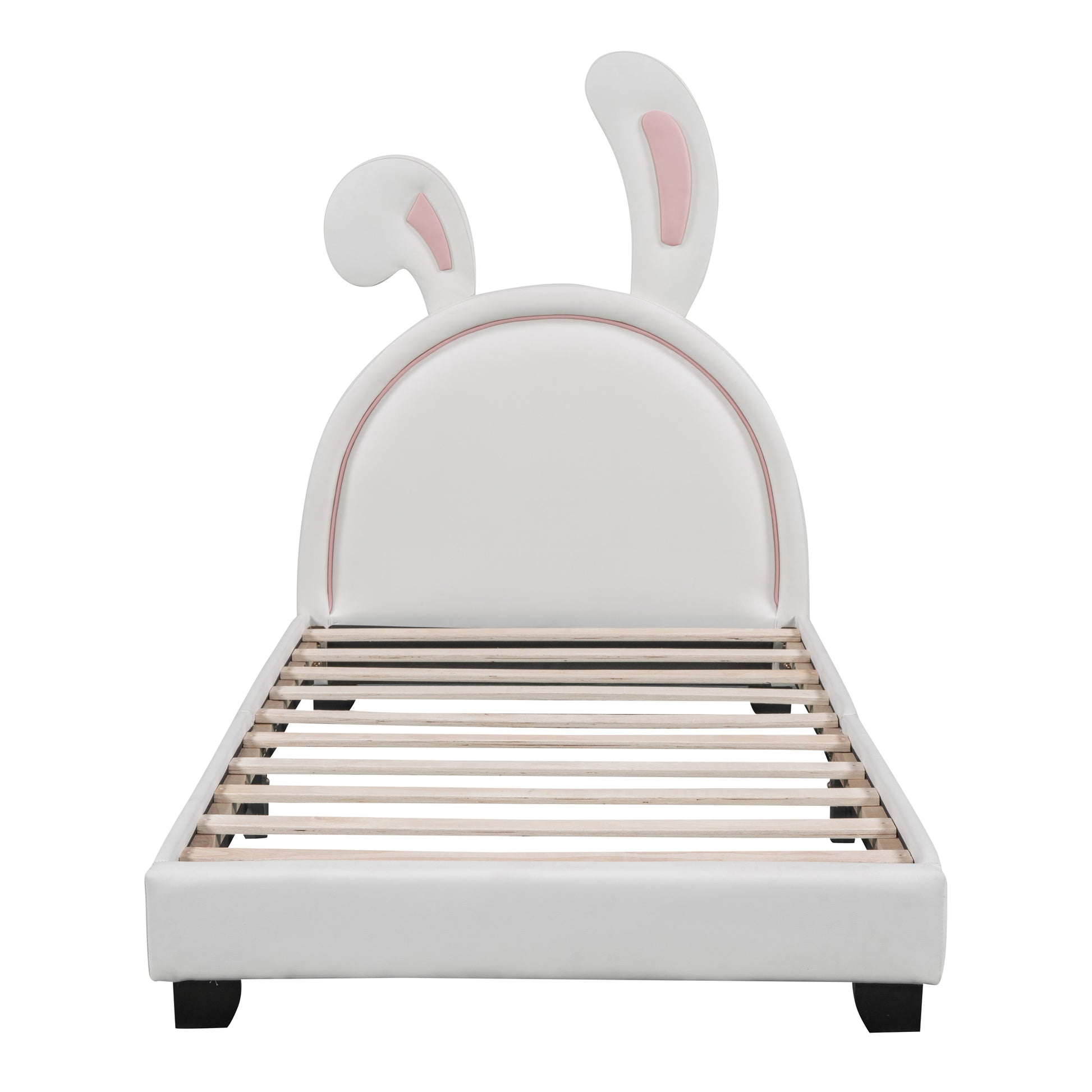 Twin Size Upholstered Leather Platform Bed With Rabbit Ornament, White White Pu Leather