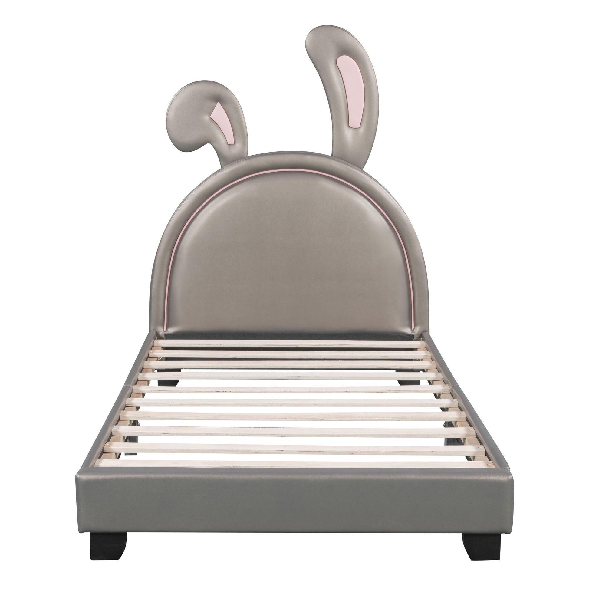 Twin Size Upholstered Leather Platform Bed With Rabbit Ornament, Gray Gray Pu Leather