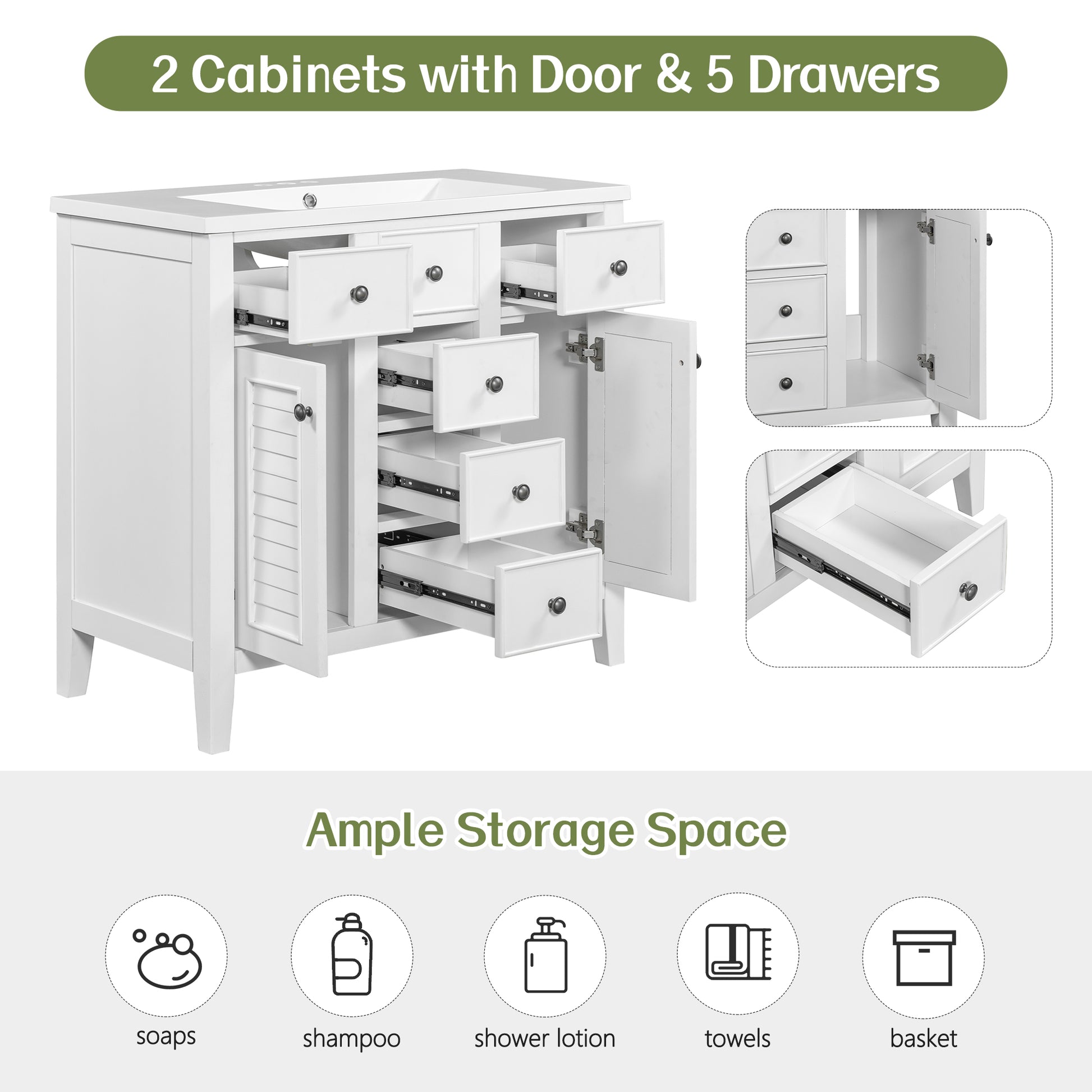 36" Bathroom Vanity With Ceramic Basin, Two Cabinets And Five Drawers, Solid Wood Frame, White Old Sku: Sy999202Aak 1 White Solid Wood Mdf