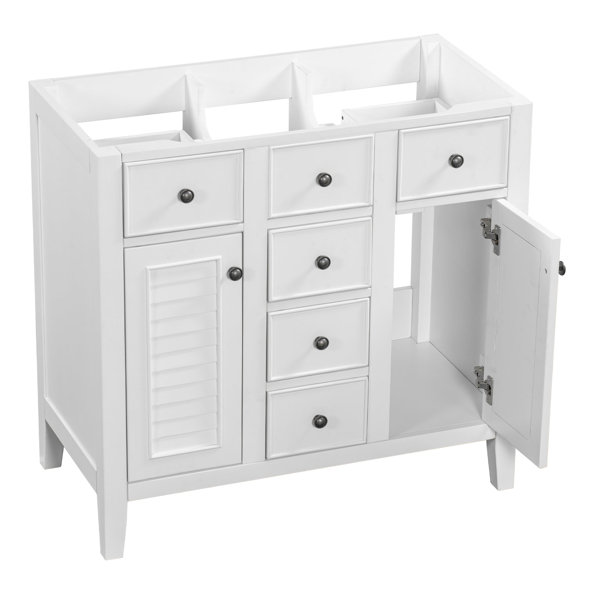 36" Bathroom Vanity Without Sink, Cabinet Base Only, Two Cabinets And Five Drawers, Solid Wood Frame, White White Solid Wood Mdf