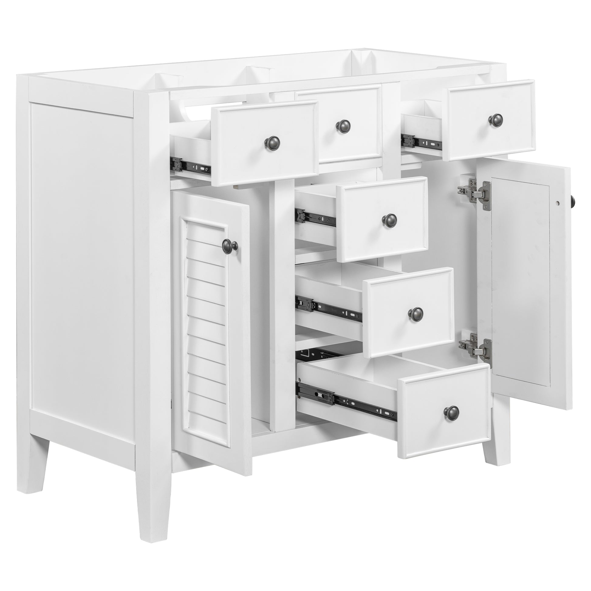 36" Bathroom Vanity Without Sink, Cabinet Base Only, Two Cabinets And Five Drawers, Solid Wood Frame, White White Solid Wood Mdf