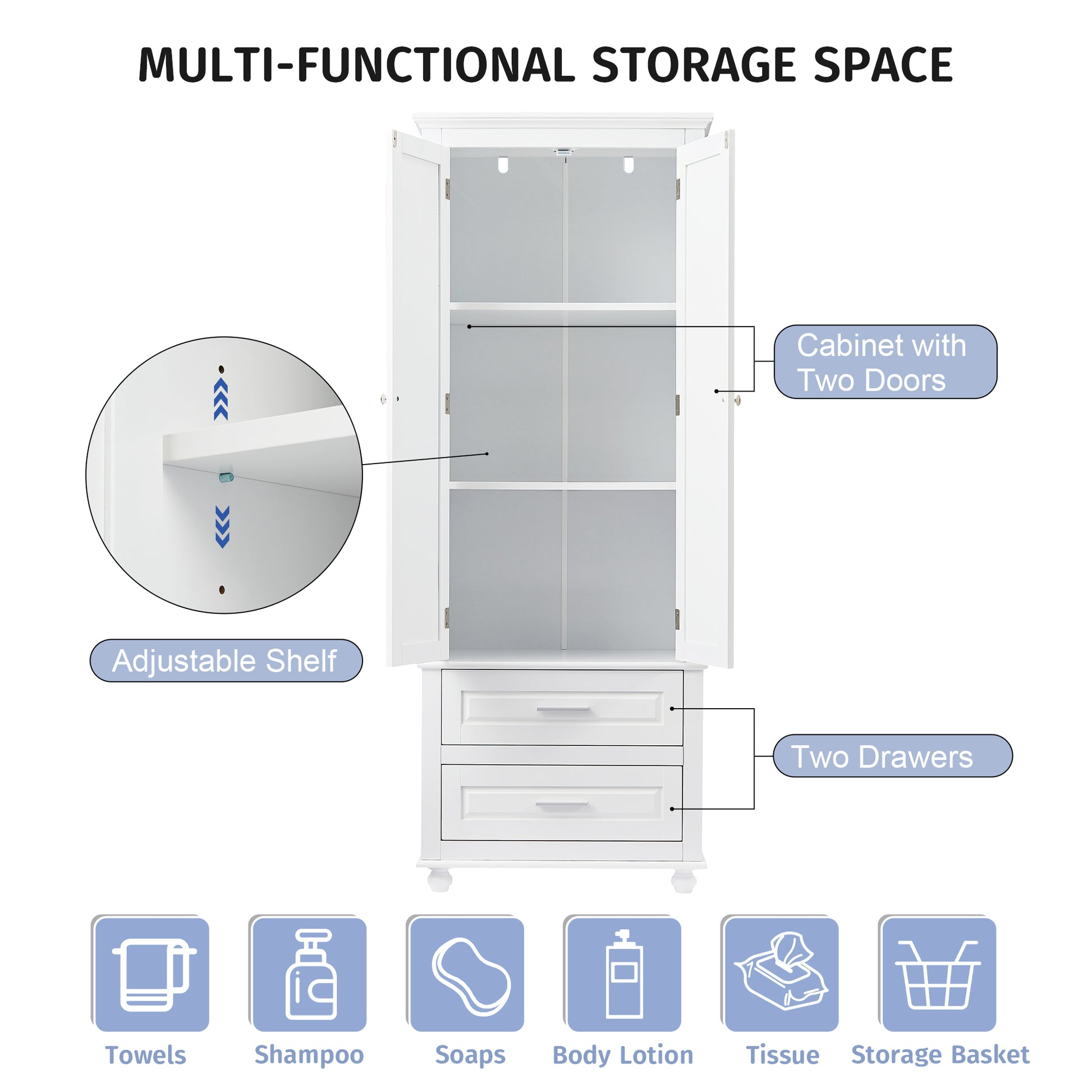 Tall Storage Cabinet With Two Drawers For Bathroom Office, White White Mdf