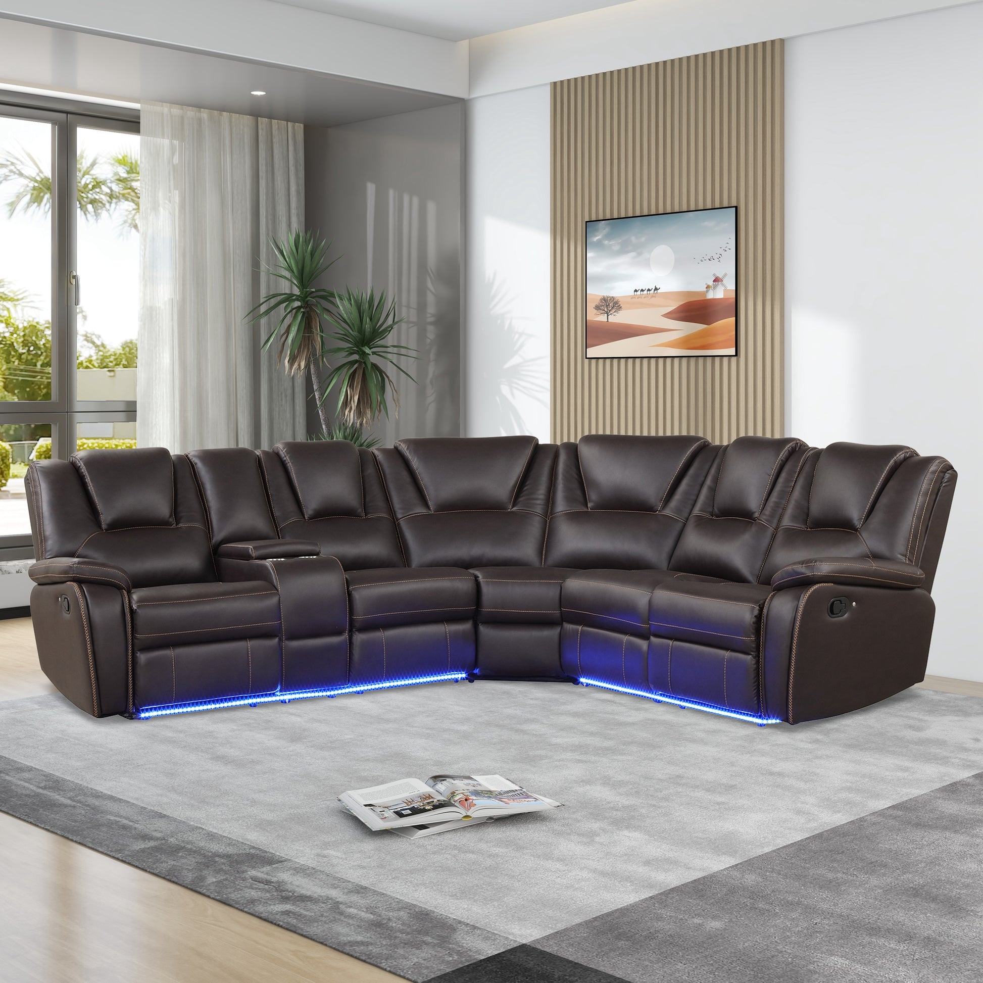 Modern Faux Leather Manual Reclining With Center Console And Led Light Strip,Living Room Furniture Set,Pu Symmetrical Couch With 2 Cup Holders And Storage For Living Room,Brown Brown Foam Pu Leather