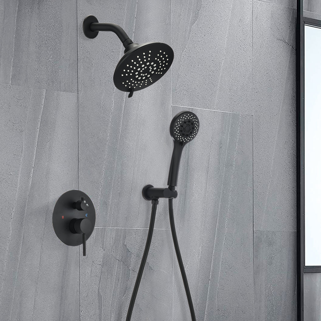 Round Shower System Wall Mounted Rain Mixer Combo Set Matte Black Matte Black Brass