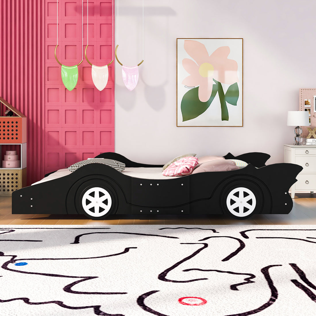 Full Size Race Car Shaped Platform Bed With Wheels,Black Black Plywood