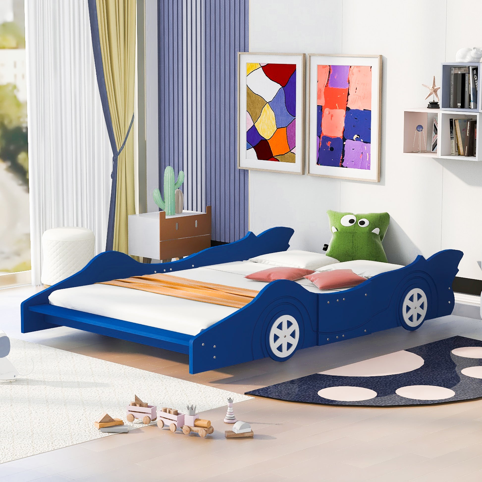 Full Size Race Car Shaped Platform Bed With Wheels,Blue Blue Plywood